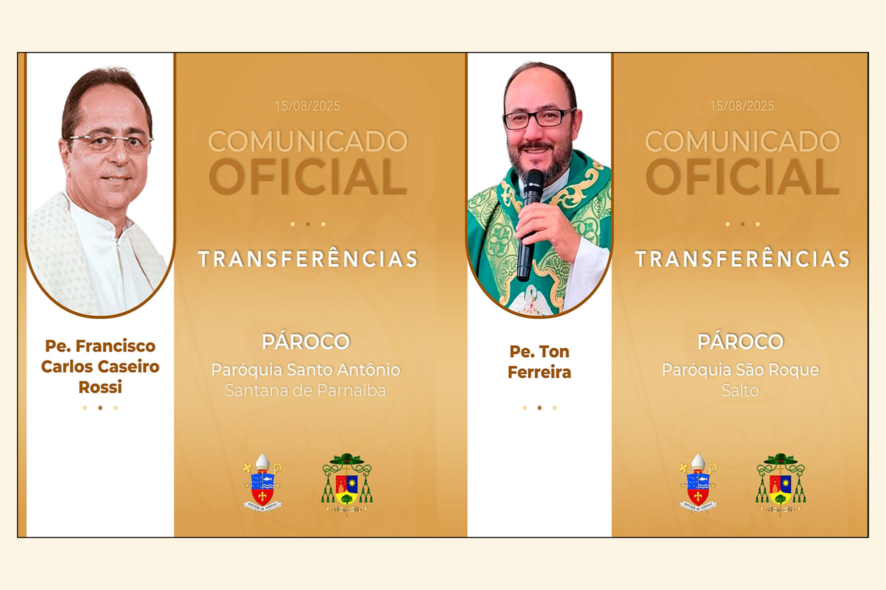 Paróquias Aparecida e Candelária se despedem de padre Ton e padre Francisco e acolhem novos párocos